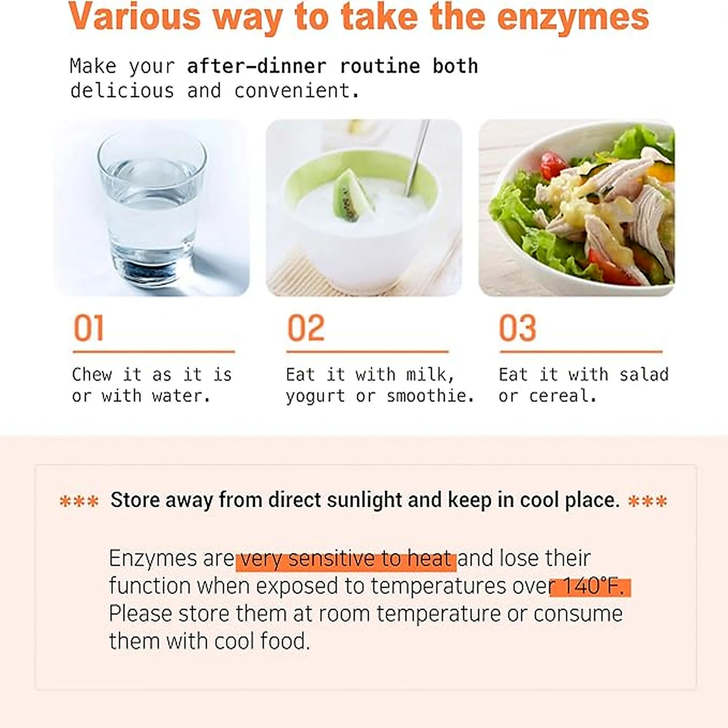 Oimy Enzyme how to take guide for after-meal routine with water, milk, yogurt, smoothie, salad, or cereal