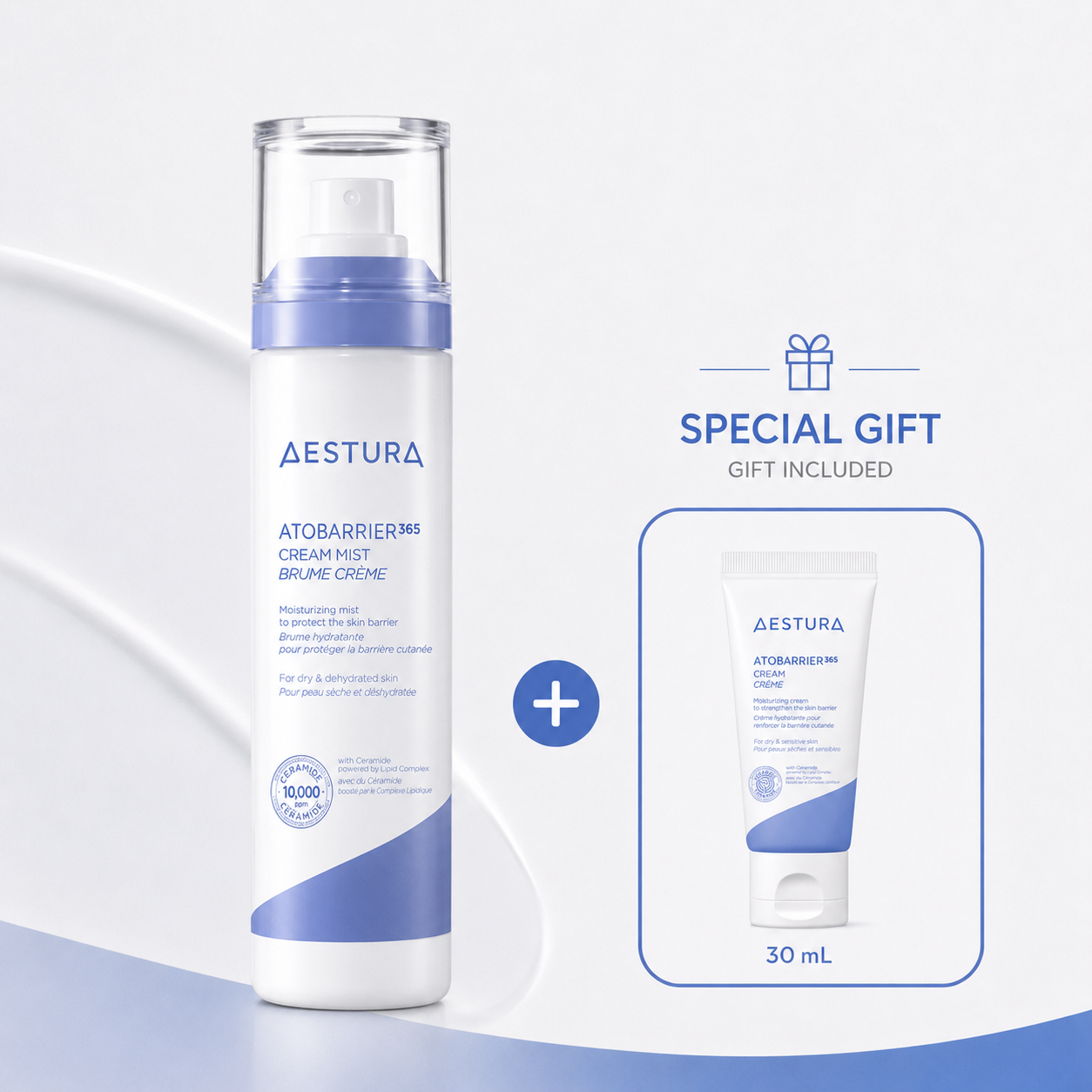 AESTURA ATOBARRIER 365 Cream Mist skincare promotion featuring full-size cream mist with special gift included, a 30 mL ATOBARRIER 365 Cream for dry and sensitive skin.
