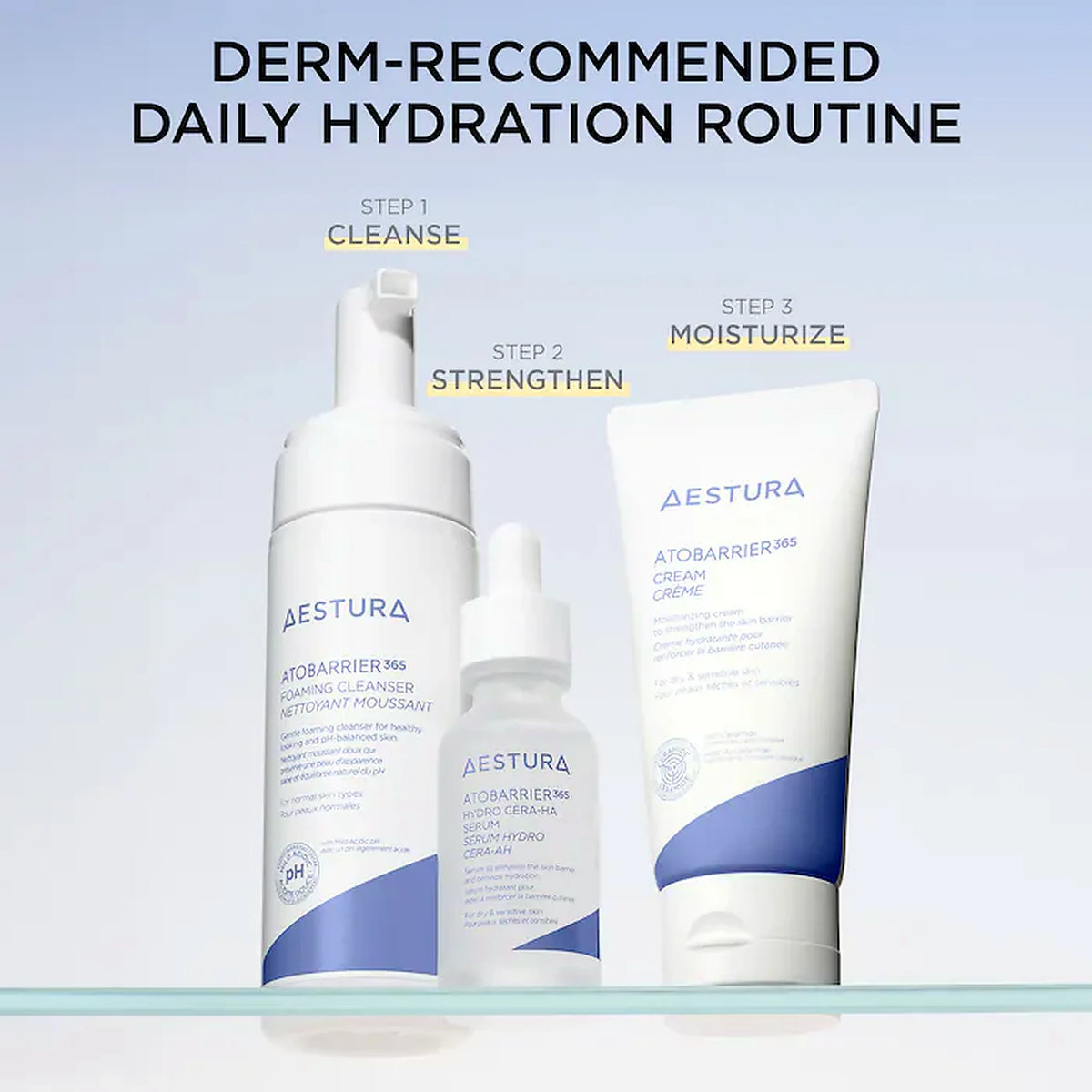 AESTURA Atobarrier 365 derm-recommended daily hydration routine with cleanser, serum, and cream for dry sensitive skin