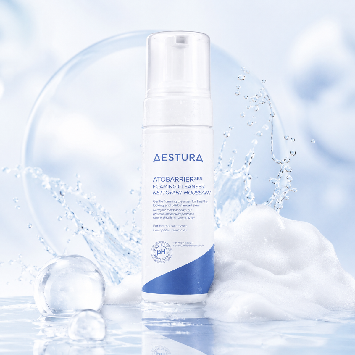 AESTURA Atobarrier 365 pH-Balancing Foaming Cleanser in a refreshing water and foam skincare scene for gentle Korean cleansing and sensitive skin barrier support