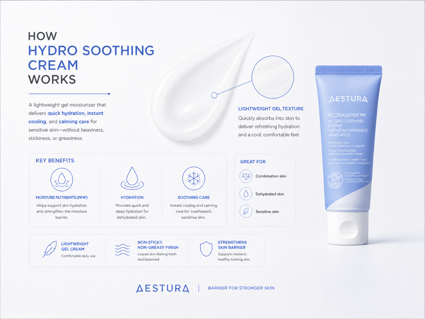 AESTURA Atobarrier365 Hydro Soothing Cream lightweight gel moisturizer for sensitive, dehydrated, and combination skin.