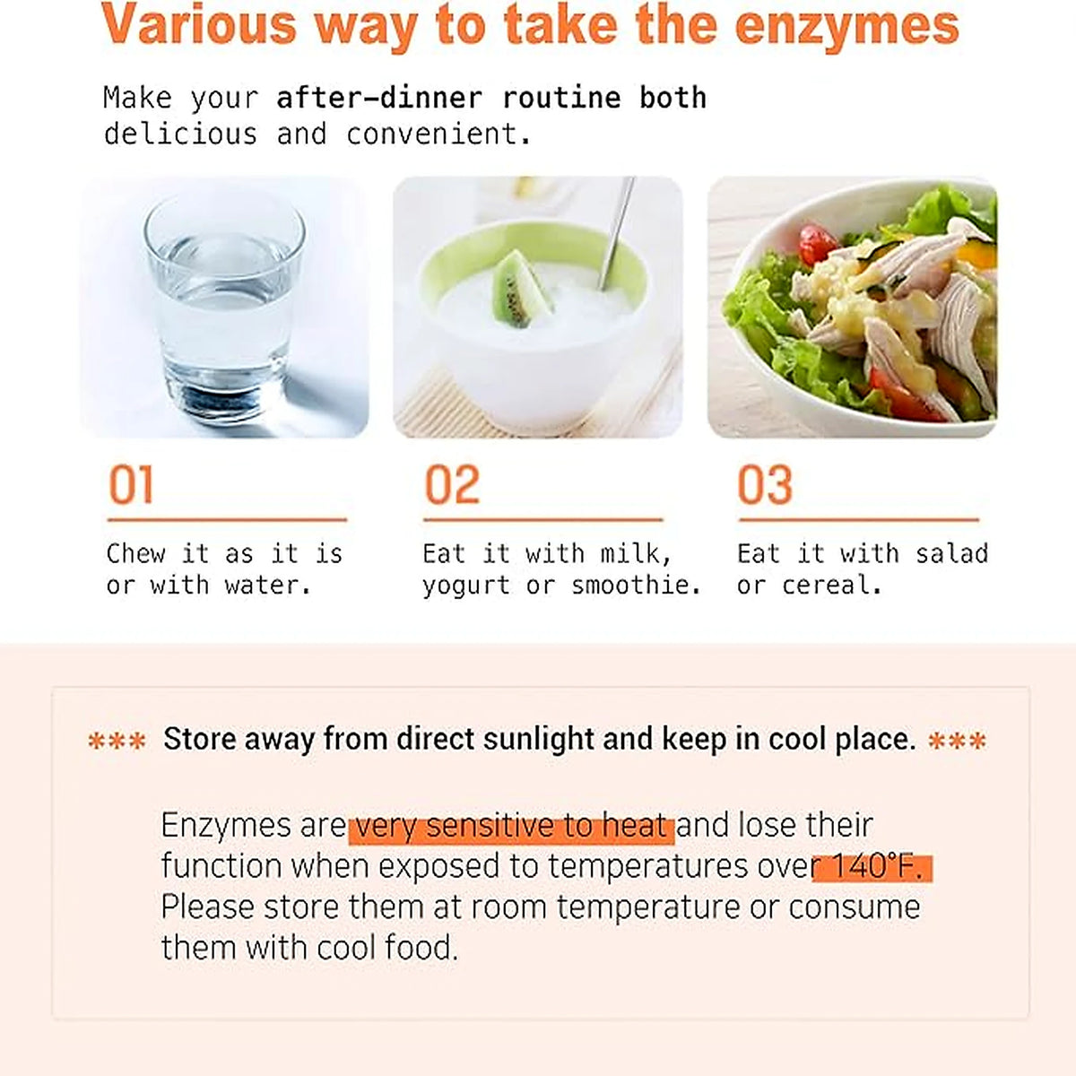 Oimy Enzyme how to take guide for after-meal routine with water, milk, yogurt, smoothie, salad, or cereal