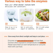 Oimy Enzyme how to take guide for after-meal routine with water, milk, yogurt, smoothie, salad, or cereal